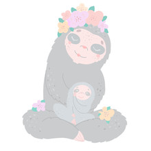 Lovely Family Of Sloths. Mom And Baby Smiling, Drawing In About Flat Style.