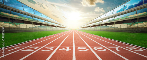 Fotomural View of the infinity empty athlete running track and modern grandstand in stadium