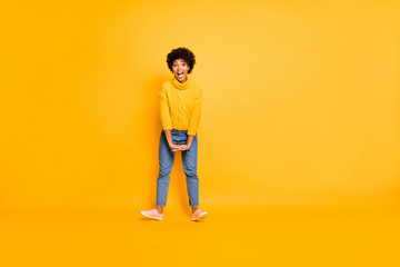 Poster - Full length body size view of nice attractive cheerful cheery funky childish crazy wavy-haired girl having fun leisure isolated over bright vivid shine vibrant yellow color background