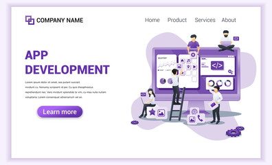 Wall Mural - modern flat design concept of app development with characters on screen building app and software. c