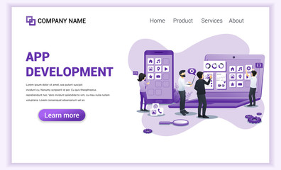 Wall Mural - modern flat design concept of app development with characters on screen building app and software. c