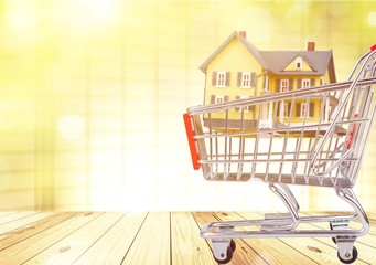 Wall Mural - Classic house model  in shopping cart on backgrouund