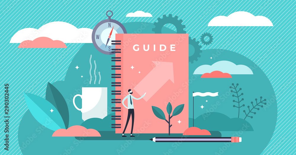 Guide vector illustration. Tiny technical FAQ information persons concept. - obrazy, fototapety, plakaty 