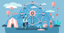 Carousel Vector Illustration. Tiny Amusement Park Family Persons Concept.