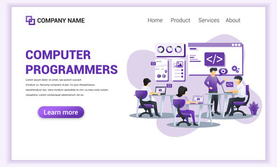 Wall Mural - modern flat design concept of computer programmers with characters sitting at desk as programmer and