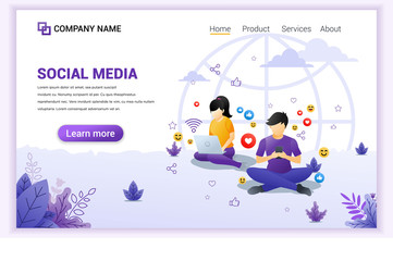 Wall Mural - social media concept with young man and young girl sitting using mobile phone and laptop. can use fo