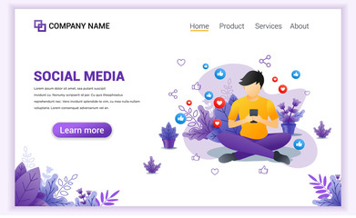 Wall Mural - modern flat design concept of social media with a young man sitting using smartphone. can use for ba