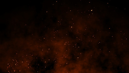 3d burning embers glowing. fire glowing particles on black background
