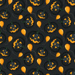 Seamless Halloween pattern with scary black pumpkins and orange balloons on black background for greeting card, gift box, wallpaper, fabric, web design.