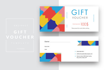 Sticker - Abstract gift voucher card template. Modern discount coupon or certificate layout with geometric shape pattern. Vector fashion bright background design with information sample text.