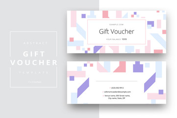  Abstract gift voucher card template. Modern discount coupon or certificate layout with geometric shape pattern. Vector fashion bright background design with information sample text.