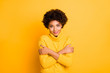 © deagreez - Photo of pretty dark skin lady holding hands on shoulders want some hugs wear warm knitted sweater isolated yellow background