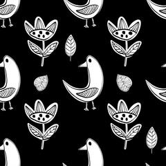 Wall Mural - Scandinavian seamless pattern with birds and flowers