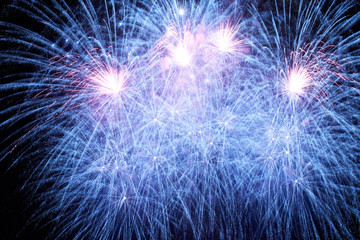 Blue holiday fireworks on black sky background