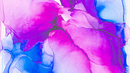  Fantasy light blue, pink and purple alcohol ink abstract background. Bright liquid watercolor paint splash texture effect illustration for card design, modern banners, ethereal graphic design.