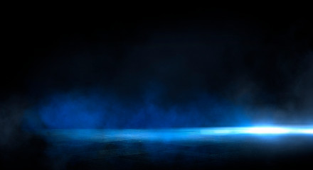 Wall Mural - blue dark background of empty foggy street with wet asphalt, illuminated by a searchlight, laser bea