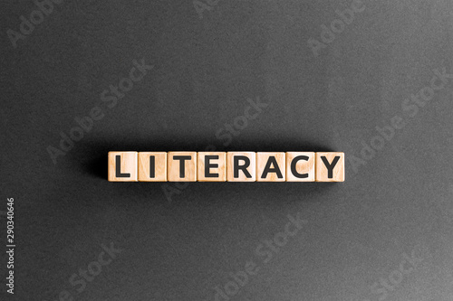 Photo literacy - word from wooden blocks with letters, basic skill or knowledge litera