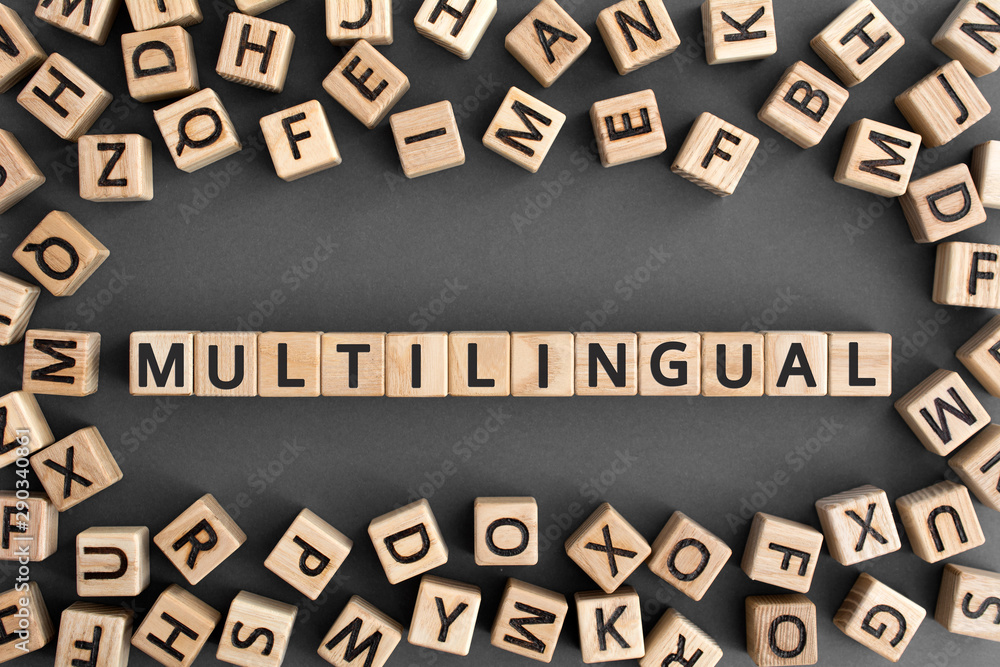Multiliongual multilingual - word from wooden blocks with letters, use many different ...
