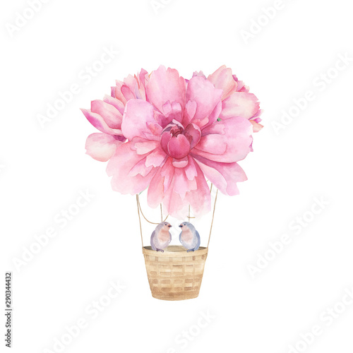 Aerostat balloon flowers. Watercolor peony and couple birds. Floral print for...