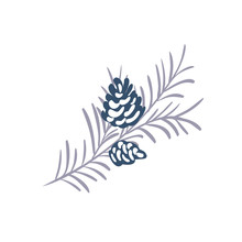 Hand Drawn Christmas Vector Element Of Pine Cone With Branch And Place For Your Text. Concept Xmas Winter Holiday For Design. Happy New Year