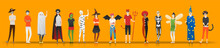 Happy Halloween , Group Of Teens In Halloween Costume Concept Isolated On Orange Background , Vector, Illustration