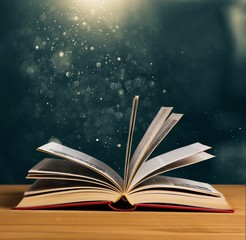 Wall Mural - open book on old wooden table