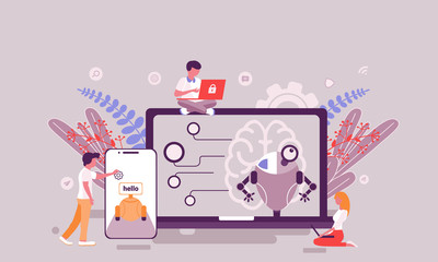 Wall Mural - flat web page design template of artificial intelligence homepage or header decorated people charact