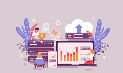 Wall Mural - flat web page design template of web hosting homepage or header decorated people character for websi