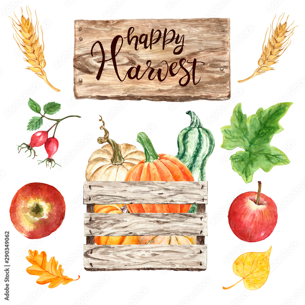 Watercolor autumn harvest illustration with wooden gathering crate and ...
