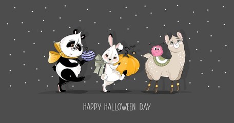 Festive banner for Halloween with Panda, llama, Bunny. Hand lettering. Vector illustration.