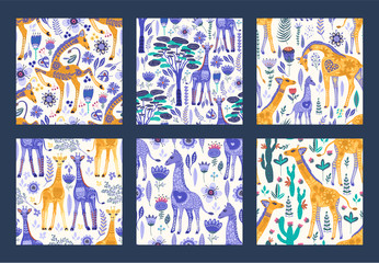 Wall Mural - Seamless patten vector set with cute hand drawn ornate giraffes in scandinavian style. Africa animal background collection. Summer safari fashion flat giraffe illustrations.