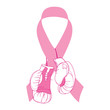 Isolated hanging boxing gloves and pink ribbon for international health woman campaign in October.