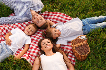 Wall Mural - Happy family lying on picnic blanket in park, above view