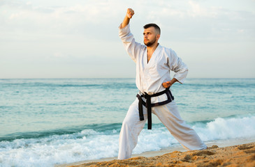 Wall Mural - Guy doing karate poses at  sunset sea shore