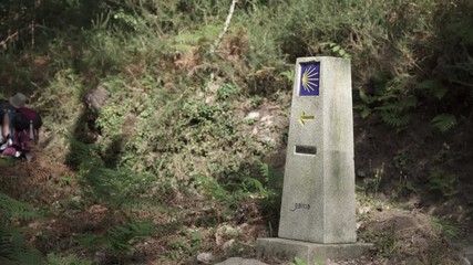 Wall Mural - Way of St. James sign and pilgrims walking on a forest footpath. Yellow scallop sign pilgrimage to Santiago de Compostela