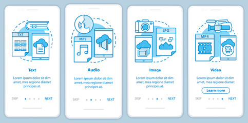 Wall Mural - digital library content onboarding mobile app page screen with linear concepts. audio, image, video 