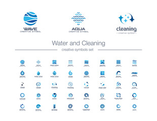 Water drops, waves and Cleaning creative symbols set. Pure aqua, bio drink abstract business logo concept. Easy wash, refresh, sea, ocean icons. Corporate identity logotypes, company graphic design