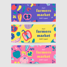 Farmers Market Flyer Collection, Web Banner Layout With Hand Drawn Colorful Vector Illustrations With Vegetables. Set Of Graphic Design Templates For Local Organic Food Fair Event.