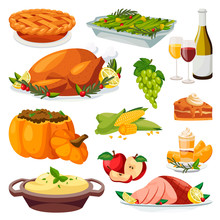 Thanksgiving Holiday Menu Design Elements. Vector Flat Cartoon Illustration. Traditional Holiday Home Made Meal