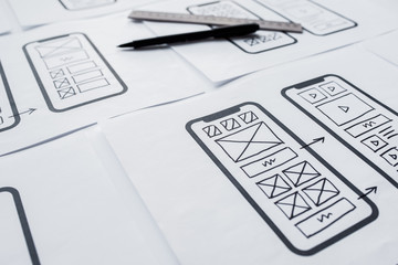 UX mobile application wireframe. Sketch, prototype, framework, layout future app design project. UI/UX - user interface and user experience designer. Creative concept for smartphone. App development