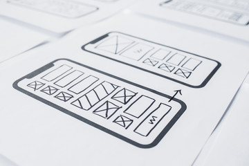 UX mobile application wireframe. Sketch, prototype, framework, layout future app design project. UI/UX - user interface and user experience designer. Creative concept for smartphone. App development
