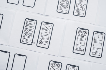 UX mobile application wireframe. Sketch, prototype, framework, layout future app design project. UI/UX - user interface and user experience designer. Creative concept for smartphone. App development