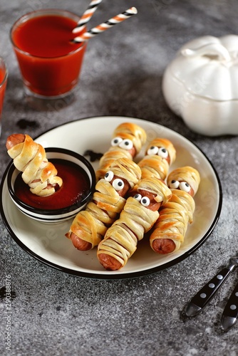 Cute Sausages In The Dough Mummy With Ketchup And Spiders For The Halloween Party Children S Food Top View Buy This Stock Photo And Explore Similar Images At Adobe Stock Adobe Stock