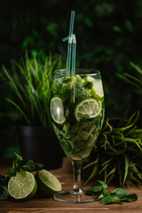 Wall Mural - refreshing summer cocktail with lime, green and ice on a green summer background. mahito in a glass