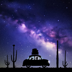 Sticker - Cartoon retro car between cactuses on road at night. Vector illustration with silhouettes of woman and dog traveling in camper. Family road trip. Space dark background with starry sky and Milky Way