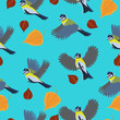 Seamless pattern with titmouse and autumn leaves.