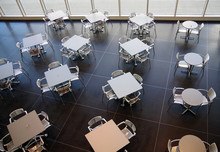 Empty Modern Aluminum Tables And Chairs In A Cafeteria Seen From A High Angle Above