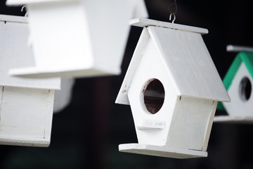 Poster - white wooden bird house background