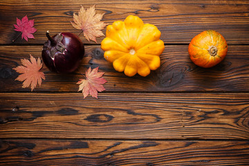 Wall Mural - Pumpkin,  eggplant, yellow patty pan squash,  and red maple leaves on a wooden plank board