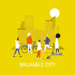 Walkable city. Diversity. Characters on bikes, electric scooters, walking and running young adults. Urban life. Urbanism. Flat editable vector illustration, clip art